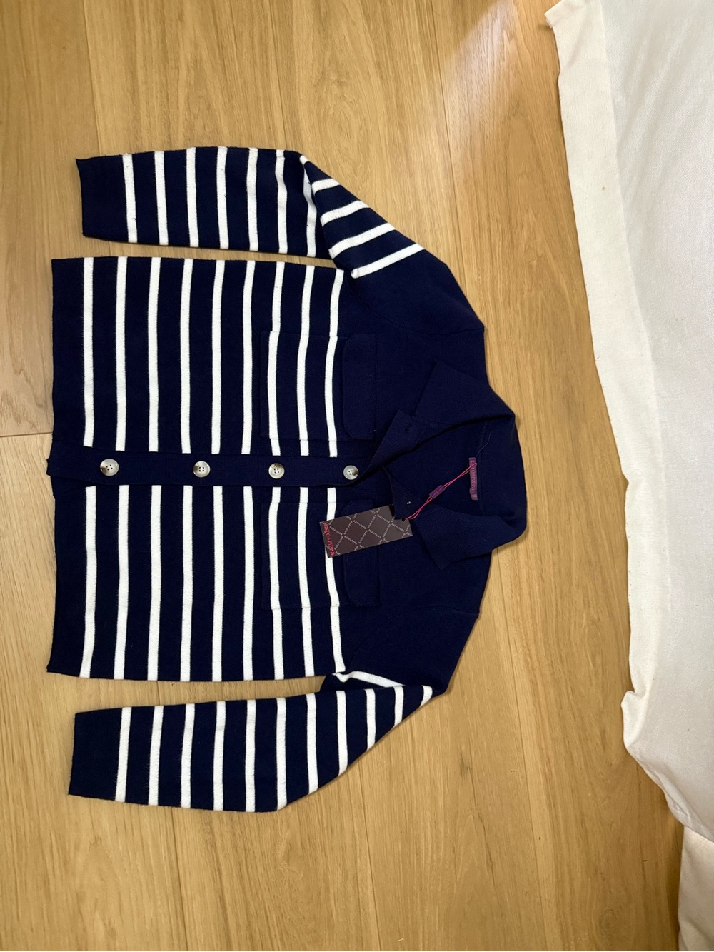 Striped Navy and White Women's Button-Front Cardigan